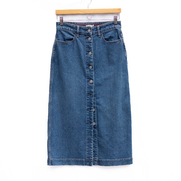 Faherty Mercer Bay Denim Midi Skirt Blue Button Front Organic Cotton Women’s 26 - Picture 1 of 8
